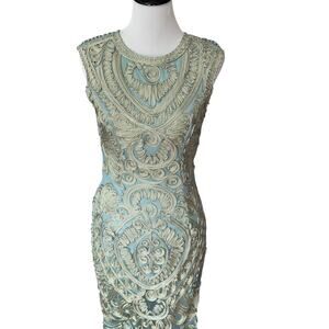 J S Collections Evening Gown Dress Women 6 Dusty Teal Green Soutache Formal